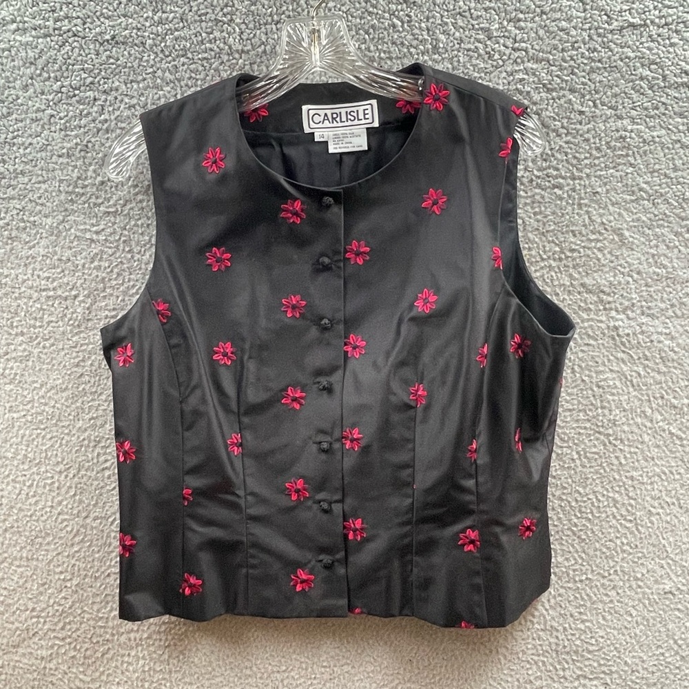 Carlisle Womens Size 14 Silk Vest Black Pink Floral Rope Knot Buttons Lined.